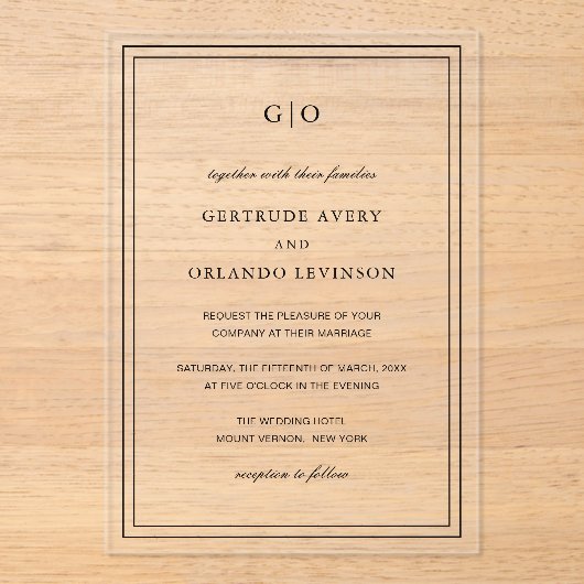 Invitations En Acrylique Mariage classique noir et blanc élégant (Recto)