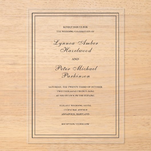 Invitations En Acrylique Mariage classique noir et blanc élégant (Recto)