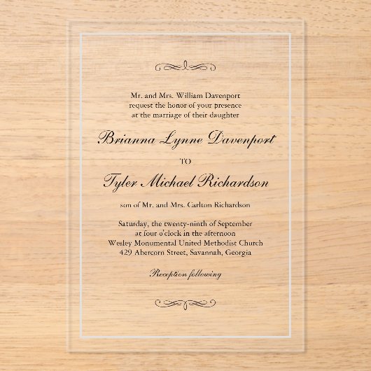 Invitations En Acrylique Mariage classique simple et élégant (Recto)