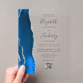Invitations En Acrylique Mariage Code QR Agate Argent Bleu Royal (In situ (ordinateur de poche))