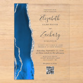 Invitations En Acrylique Mariage Code QR Agate Argent Bleu Royal (Recto)