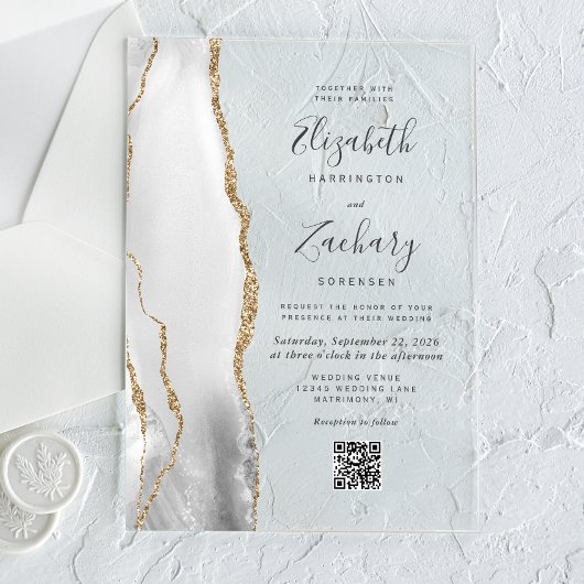 Invitations En Acrylique Mariage Code QR Agate Or Blanc Gris