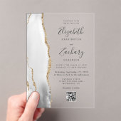 Invitations En Acrylique Mariage Code QR Agate Or Blanc Gris (In situ (ordinateur de poche))