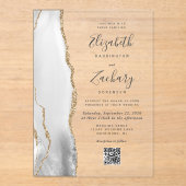 Invitations En Acrylique Mariage Code QR Agate Or Blanc Gris (Recto)