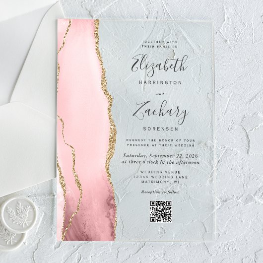 Invitations En Acrylique Mariage Code QR Agate Or Rose Pâle