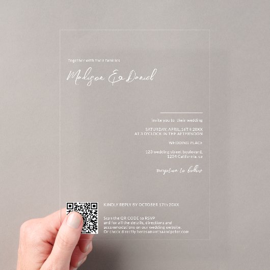 Invitations En Acrylique Mariage code Qr calligraphie noms blancs élégants (In situ (ordinateur de poche))