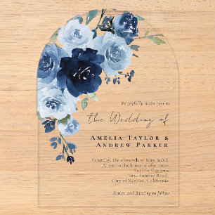 Invitations En Acrylique Mariage Code QR Fleurs Bleu Poussiéreux Rose Navy