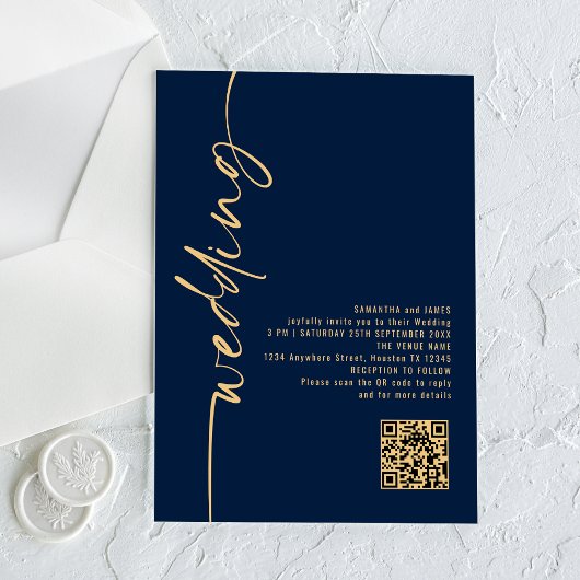 Invitations En Acrylique Mariage Code QR Script Or Bleu Marine