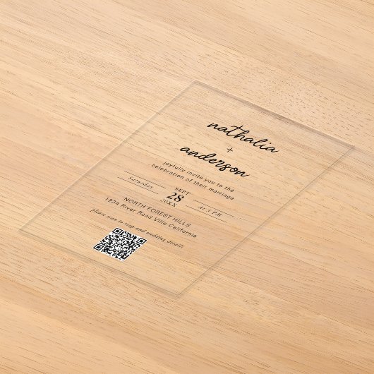 Invitations En Acrylique Mariage Code QR Script Simple Moderne (Poser)
