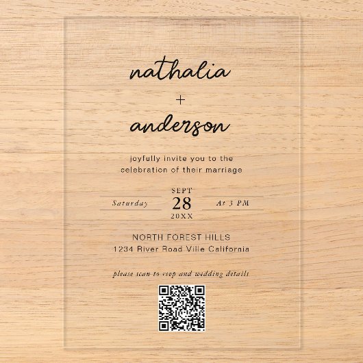 Invitations En Acrylique Mariage Code QR Script Simple Moderne (Recto)