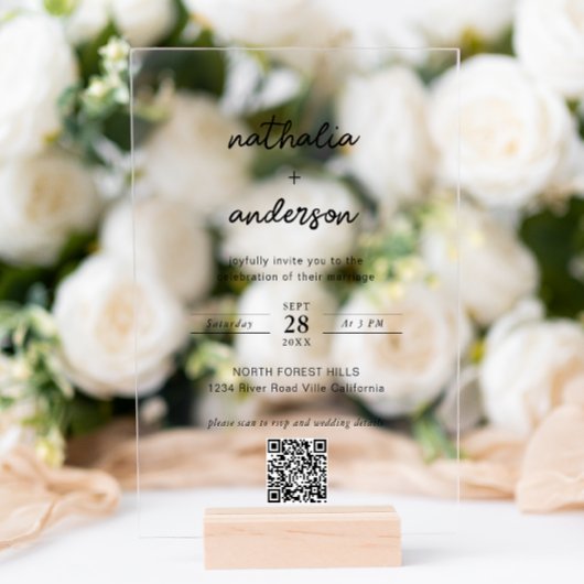 Invitations En Acrylique Mariage Code QR Script Simple Moderne