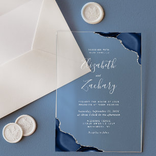 Invitations En Acrylique Mariage Coins Bleu Nuit Agate Gris Argent Texte