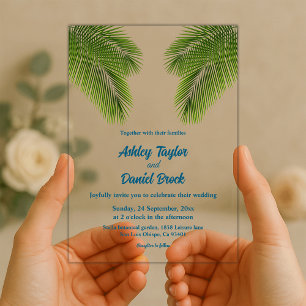 Invitations En Acrylique Mariage côtier de la plage de palmiers tropicaux d