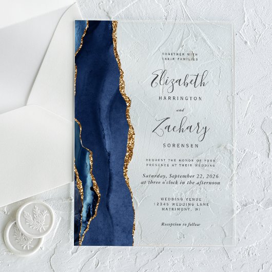Invitations En Acrylique Mariage d'âge bleu or de la marine moderne