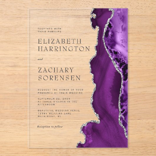 Invitations En Acrylique Mariage d'âge d'argent violet (Recto)
