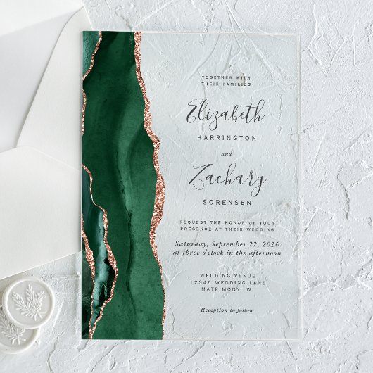 Invitations En Acrylique Mariage d'âge d'or Emerald Green Rose moderne