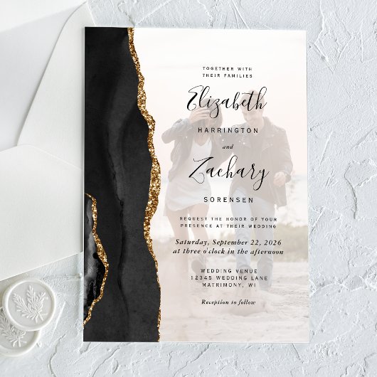 Invitations En Acrylique Mariage d'âge d'or noir photo personnalisé