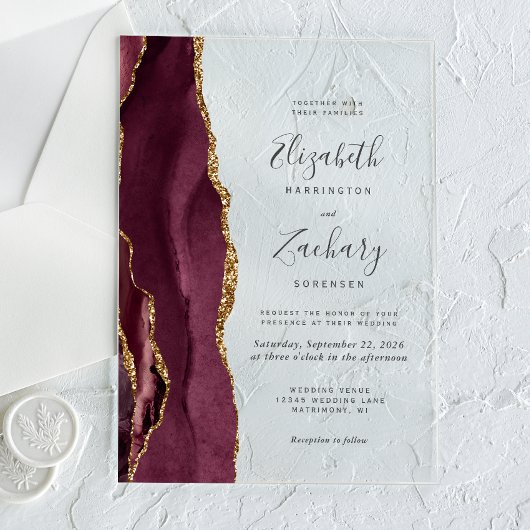 Invitations En Acrylique Mariage d'âge or de Bourgogne moderne