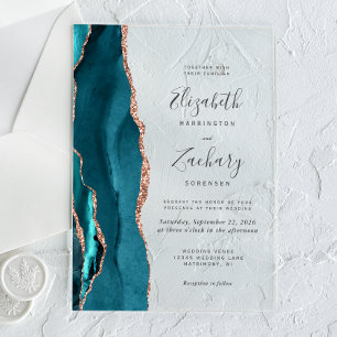 Invitations En Acrylique Mariage d'âge or Turquoise Blue Rose moderne
