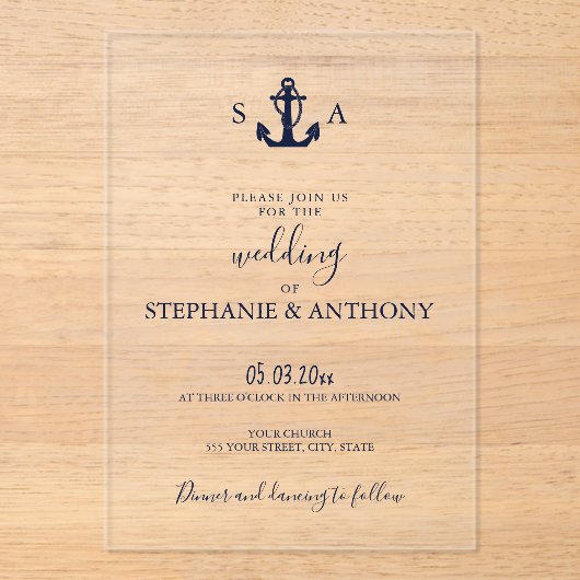 Invitations En Acrylique Mariage d'Ancre bleu marine Monogram (Recto)