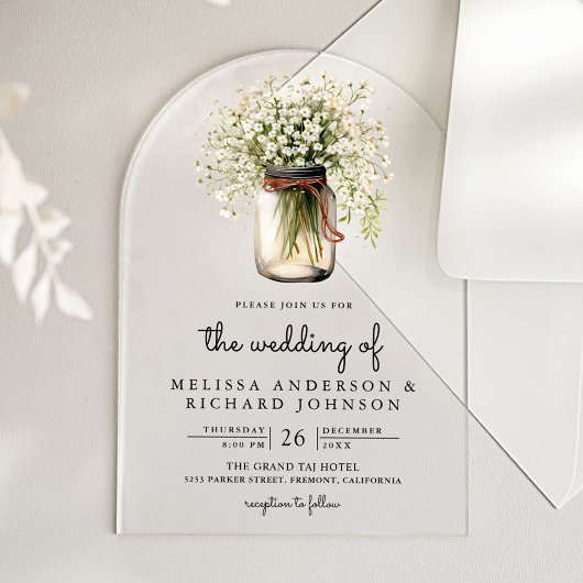 Invitations En Acrylique Mariage dans un pot Mason Baby's Breath rustique