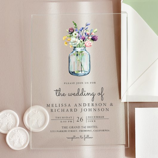 Invitations En Acrylique Mariage dans un pot Mason de fleurs sauvages