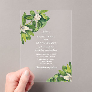 Invitations En Acrylique Mariage d'aquarelle à fleurs blanches et vertes