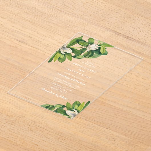 Invitations En Acrylique Mariage d'aquarelle à fleurs blanches et vertes (Poser)