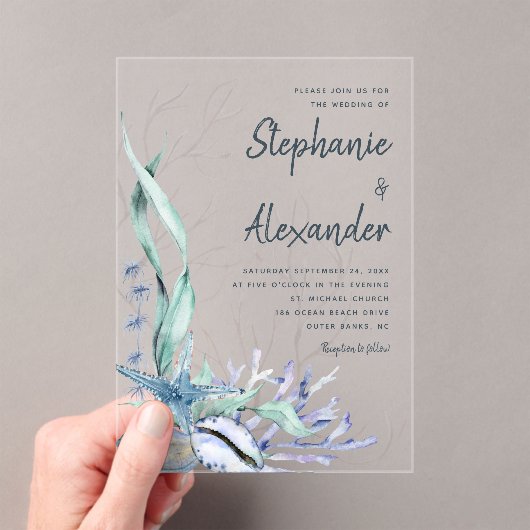 Invitations En Acrylique Mariage d'aquarelle bleu de plage moderne (In situ (ordinateur de poche))