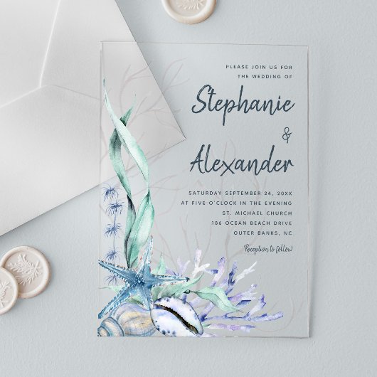 Invitations En Acrylique Mariage d'aquarelle bleu de plage moderne