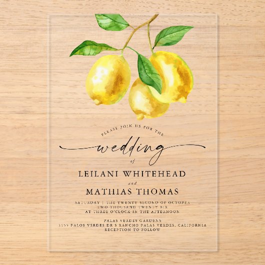 Invitations En Acrylique Mariage d'aquarelle Citrus citron (Recto)
