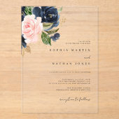 Invitations En Acrylique Mariage d'aquarelle en or Blush Navy (Recto)