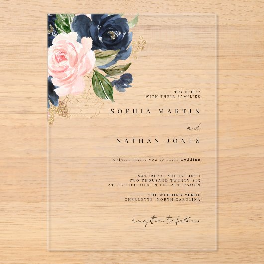 Invitations En Acrylique Mariage d'aquarelle en or Blush Navy (Recto)