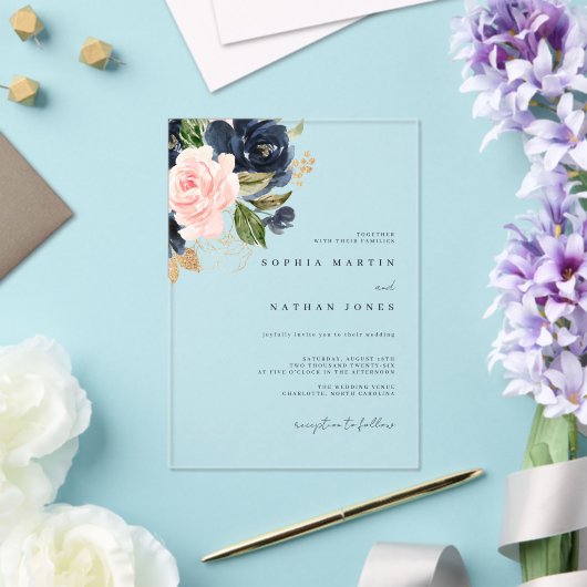 Invitations En Acrylique Mariage d'aquarelle en or Blush Navy (Insitu (Mariage))