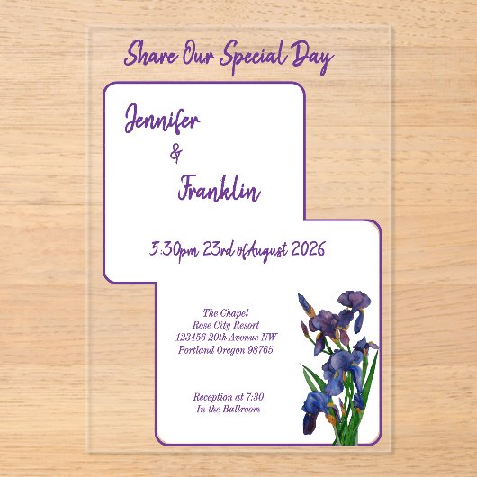 Invitations En Acrylique Mariage d'aquarelle Iris violet (Recto)
