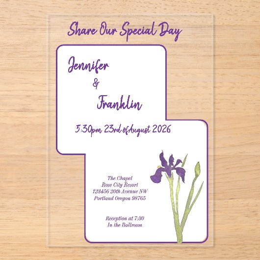 Invitations En Acrylique Mariage d'aquarelle Iris violet (Recto)