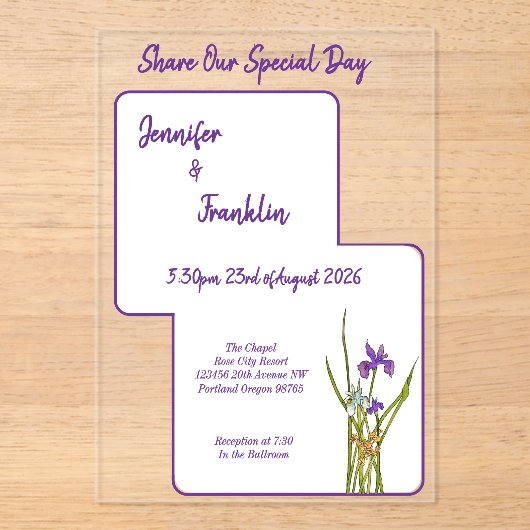 Invitations En Acrylique Mariage d'aquarelle Iris violet (Recto)