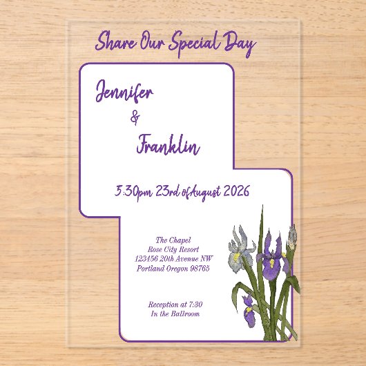 Invitations En Acrylique Mariage d'aquarelle Iris violet (Recto)