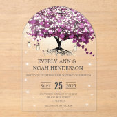 Invitations En Acrylique Mariage d'arbre de feuilles de coeur pourpre encha (Recto)