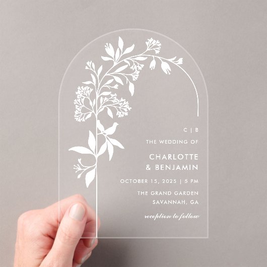 Invitations En Acrylique Mariage d'arc botanique blanc moderne (In situ (ordinateur de poche))
