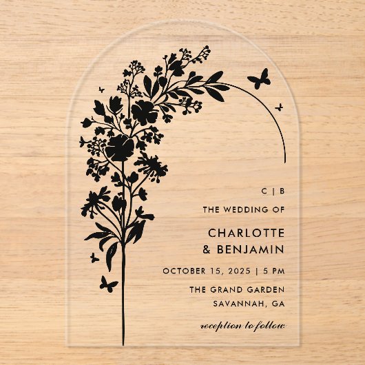 Invitations En Acrylique Mariage d'arc de papillon noir moderne (Recto)