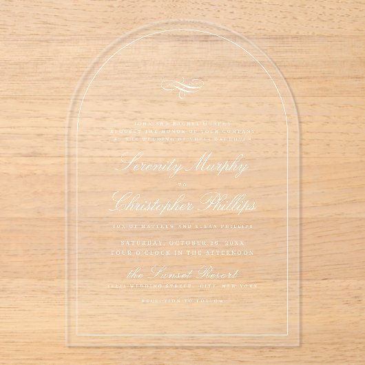 Invitations En Acrylique Mariage d'arc de script d'élégance classique simpl (Recto)