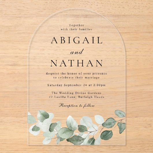 Invitations En Acrylique Mariage d'arc Feuille vert moderne (Recto)