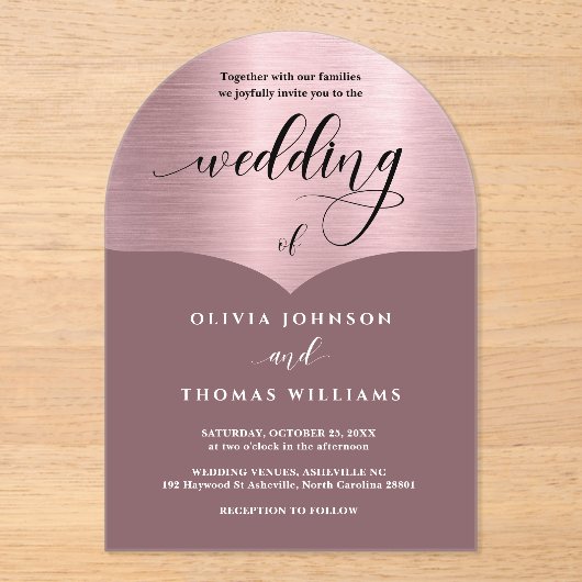 Invitations En Acrylique Mariage d'arc rose rose rose chic Script (Recto)