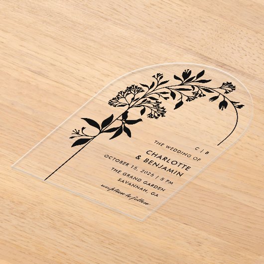 Invitations En Acrylique Mariage d'arche botanique noire moderne (Poser)