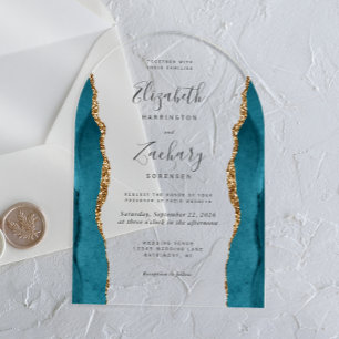 Invitations En Acrylique Mariage d'arche d'agate d'or bleu Turquoise modern