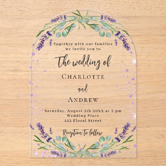 Invitations En Acrylique Mariage d'arche de violette de lavande (Recto)