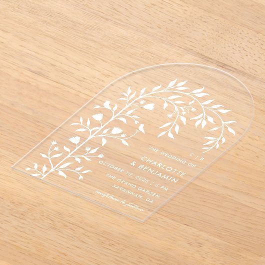 Invitations En Acrylique Mariage d'arche d'oiseaux botaniques blancs (Poser)