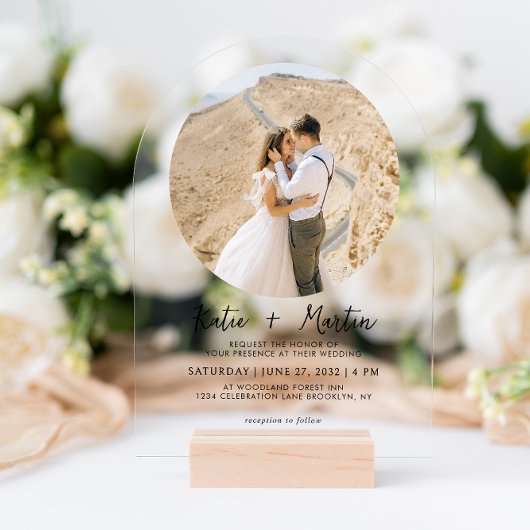 Invitations En Acrylique Mariage d'arche photo ronde noir et blanc simple