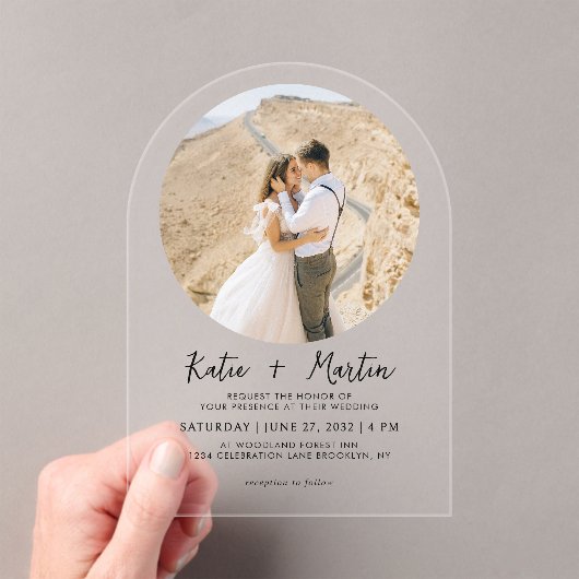 Invitations En Acrylique Mariage d'arche photo ronde noir et blanc simple (In situ (ordinateur de poche))